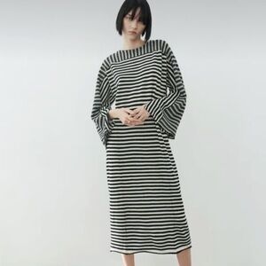 NWT Zara Wool Striped Midi Dress Black/White Small‎ Minimalist Parisian Artsy